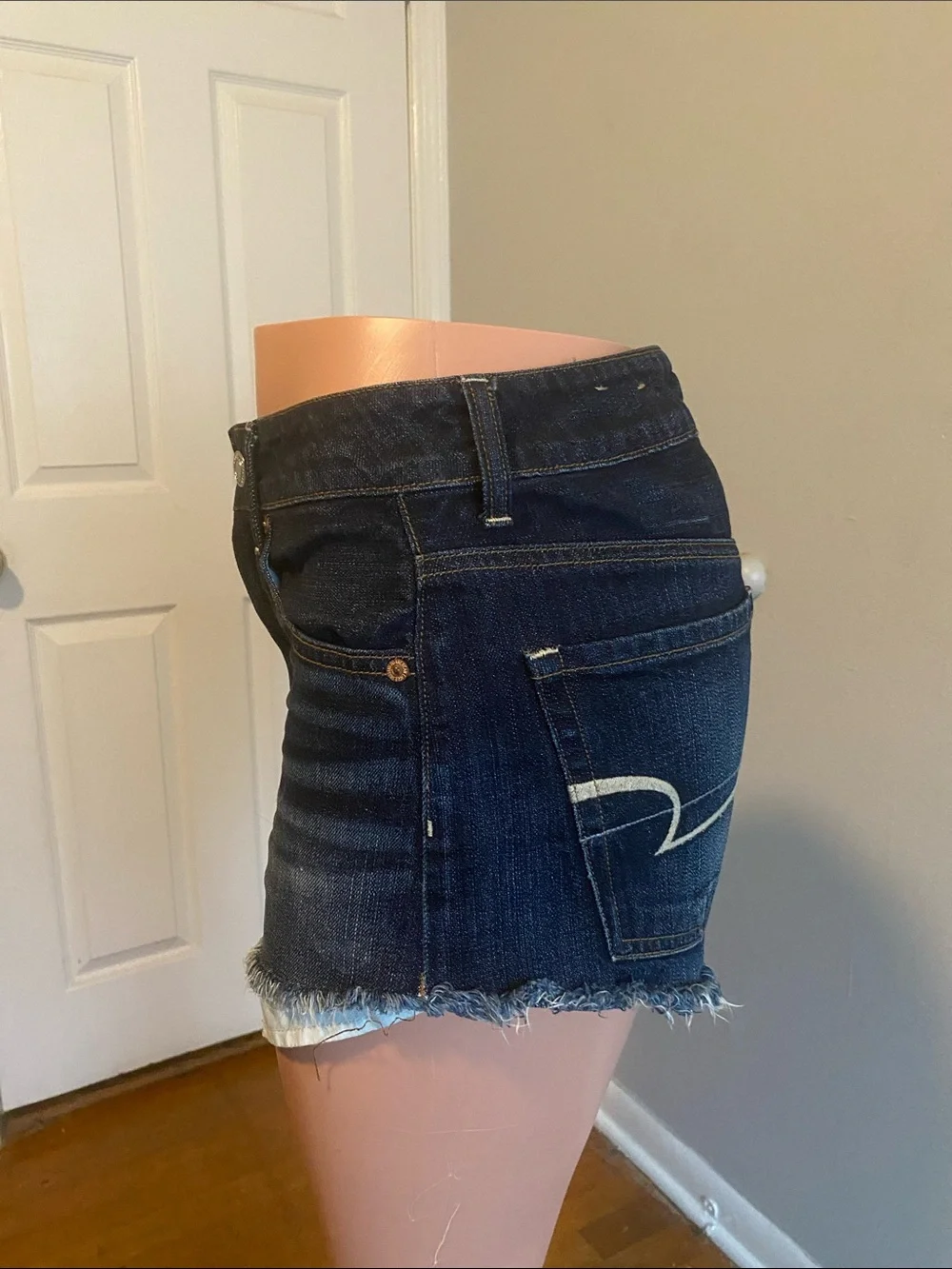 American Eagle Outfitters Dark Blue Frayed Hem Jean Shorts